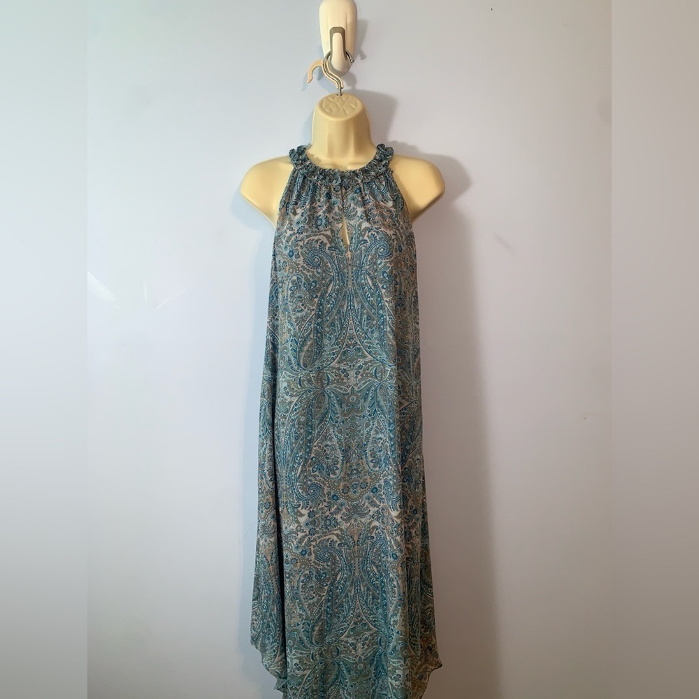 Ramy brook Blue Paisley Halter Dress curve hem long sz small chiffon ruffle neck